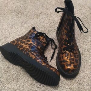 -Frida Kollection metallic animal print tie up side zip combat boots